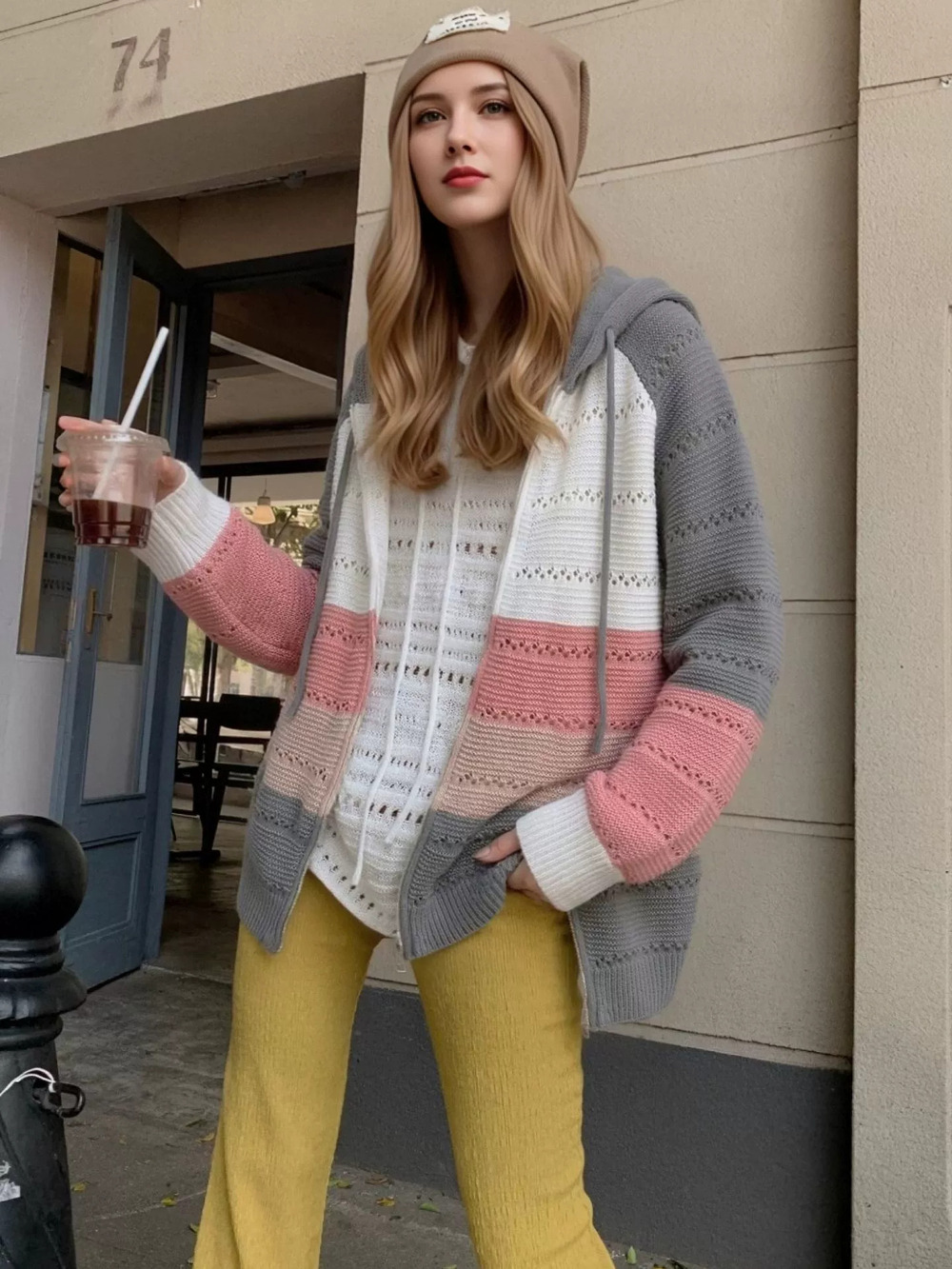 Zara Casual Color Block Striped Hooded Knit Openwork Zip Cardigan